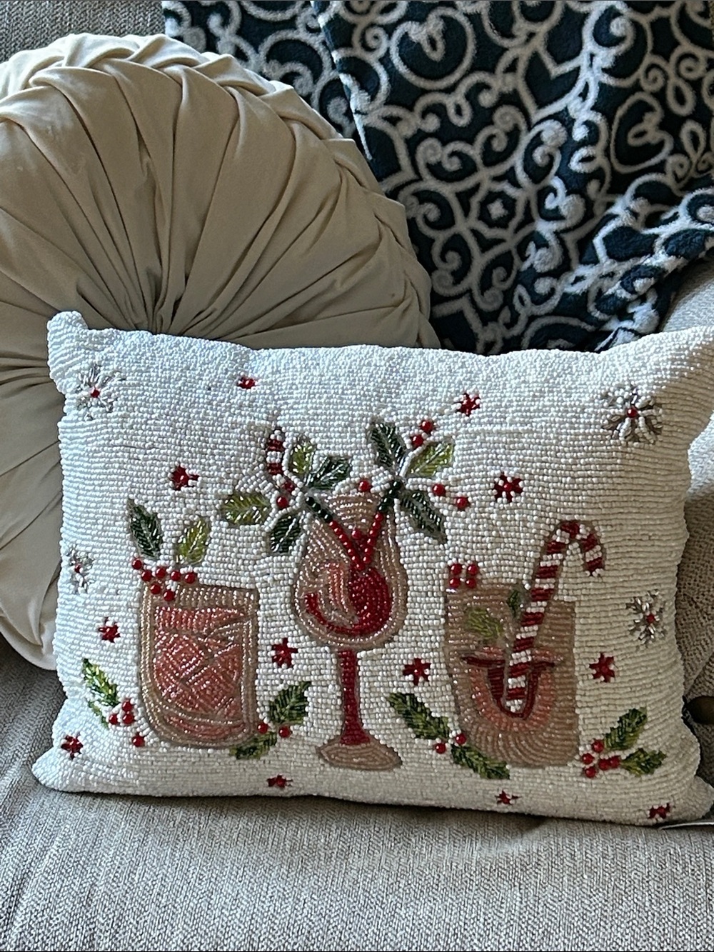 NEW! Christmas Holiday Beaded Candy Cane Cocktail Accent Throw Pillow